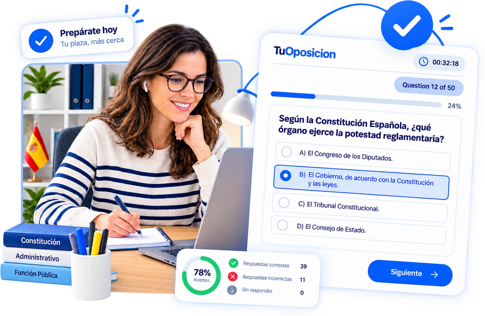 Opositora practicando tests en TuOposición